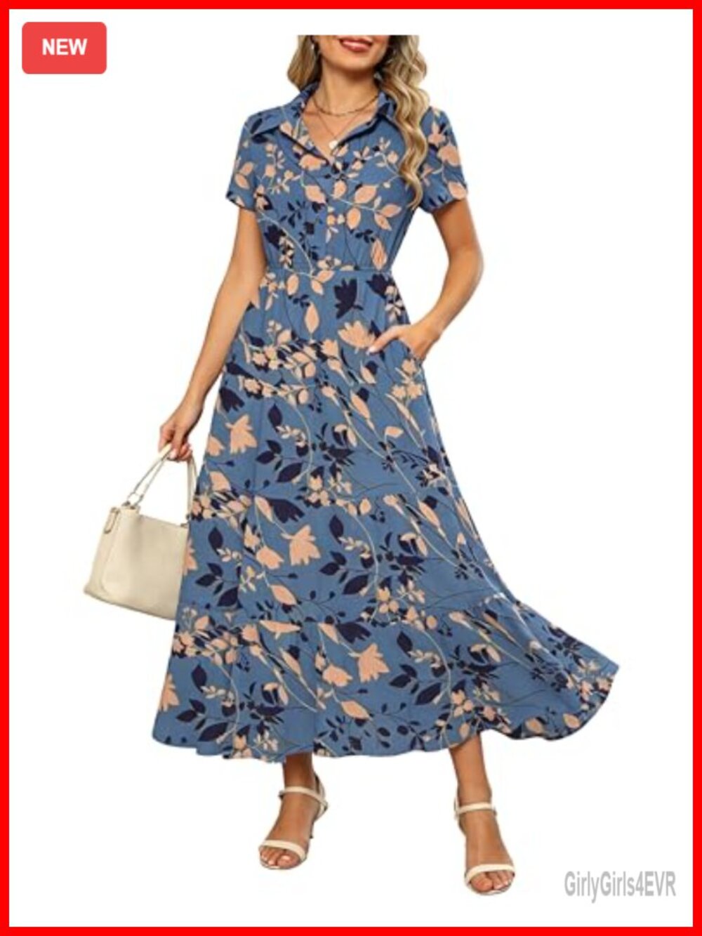 Women Collared V Neck Button Down Chiffon Tiered Floral Maxi Dress with Pockets